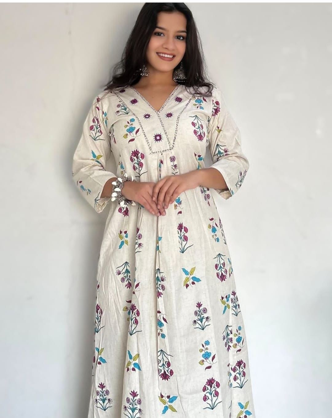 White Cotton Floral Printed Long Kurta for Women