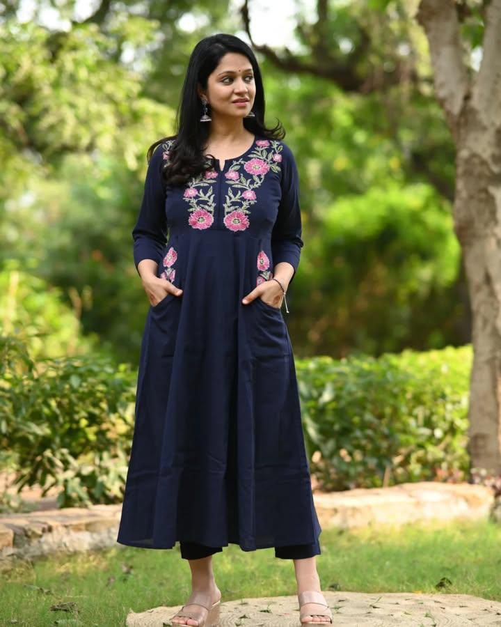 Navy Blue Embroidered Cotton Long Kurta with Pockets