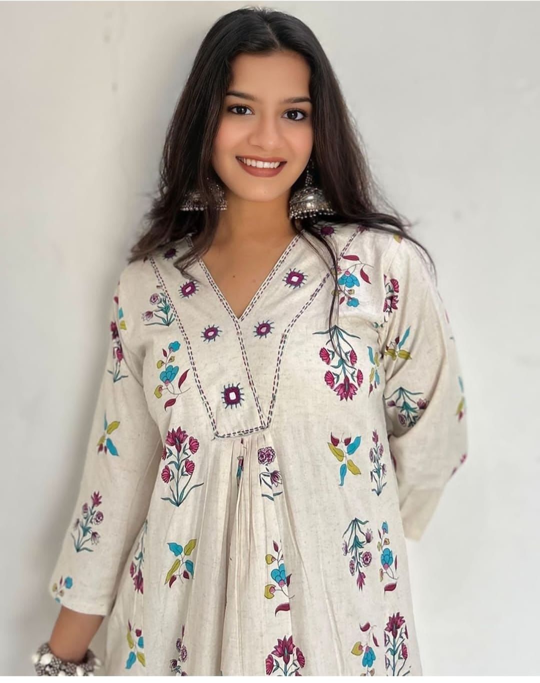 White Cotton Floral Printed Long Kurta for Women