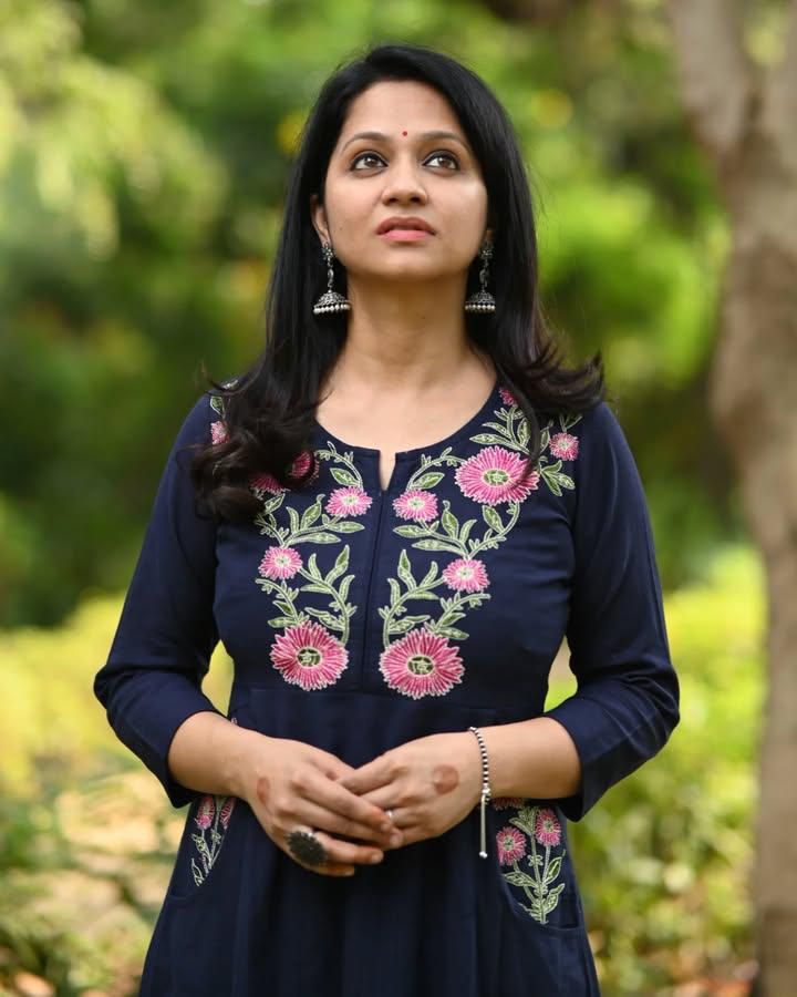 Navy Blue Embroidered Cotton Long Kurta with Pockets