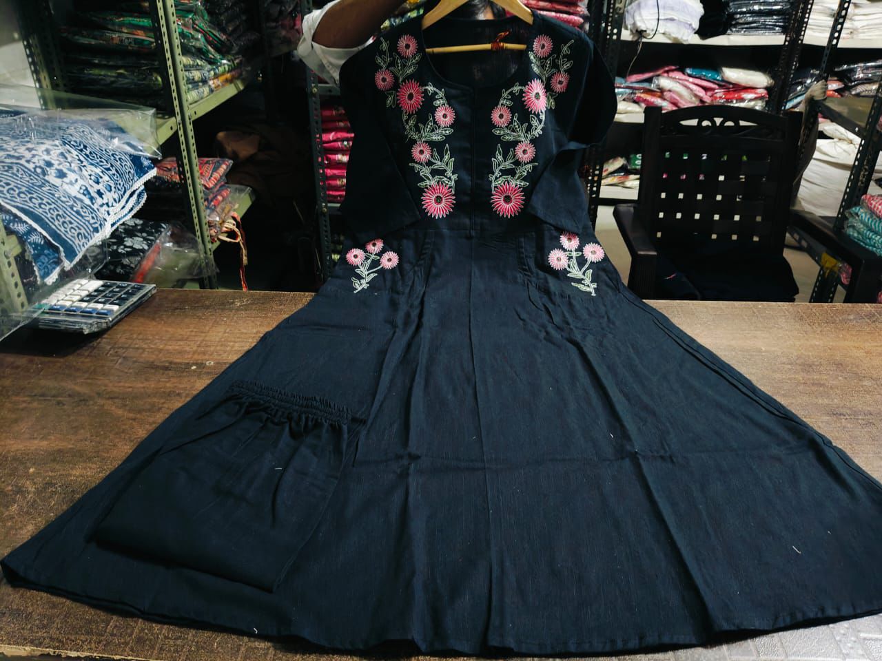 Navy Blue Embroidered Cotton Long Kurta with Pockets
