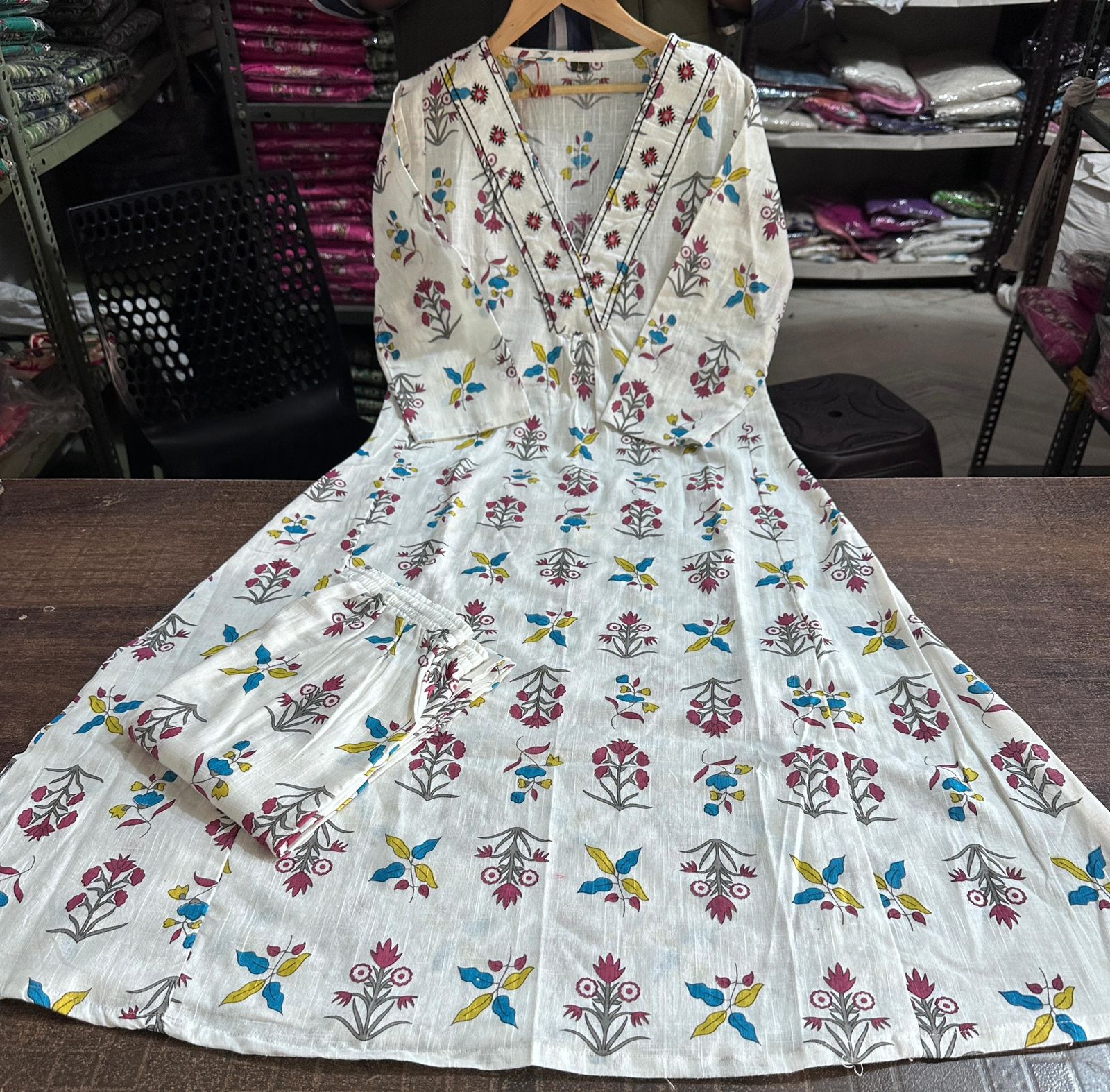 White Cotton Floral Printed Long Kurta for Women