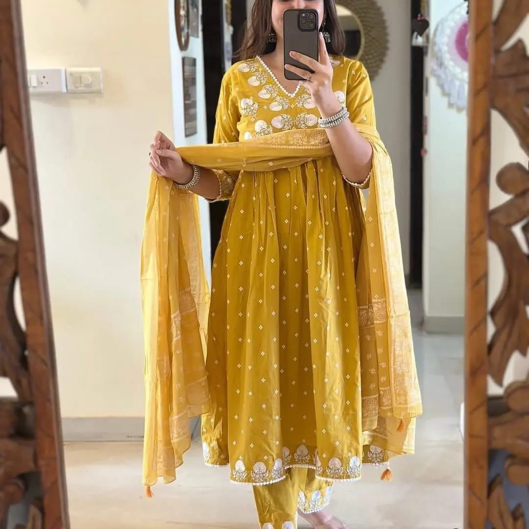 Mustard Yellow Embroidered Anarkali Kurta Set with Dupatta