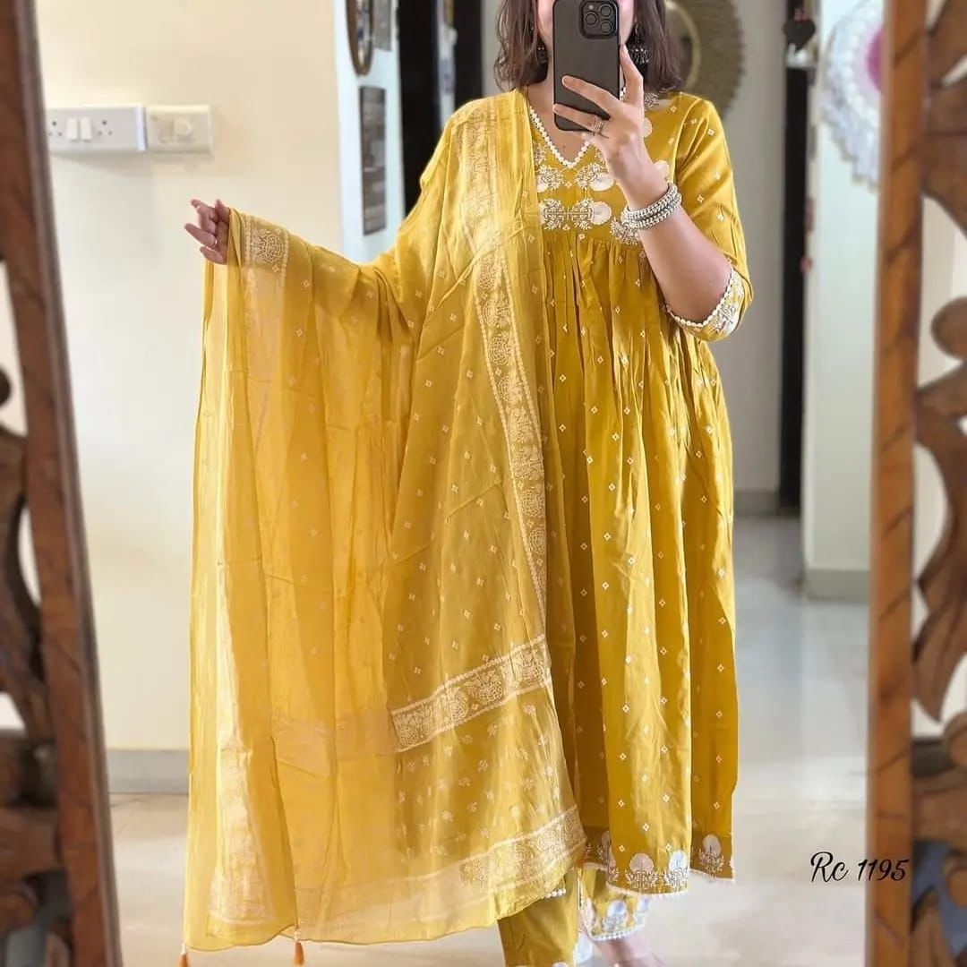Mustard Yellow Embroidered Anarkali Kurta Set with Dupatta