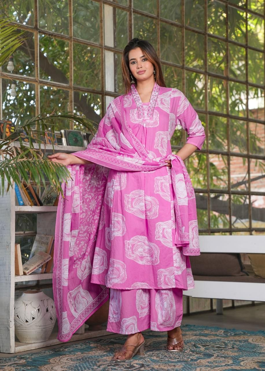 Pink Floral Printed Cotton Kurta Set with Dupatta