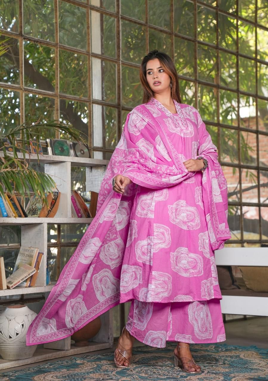 Pink Floral Printed Cotton Kurta Set with Dupatta