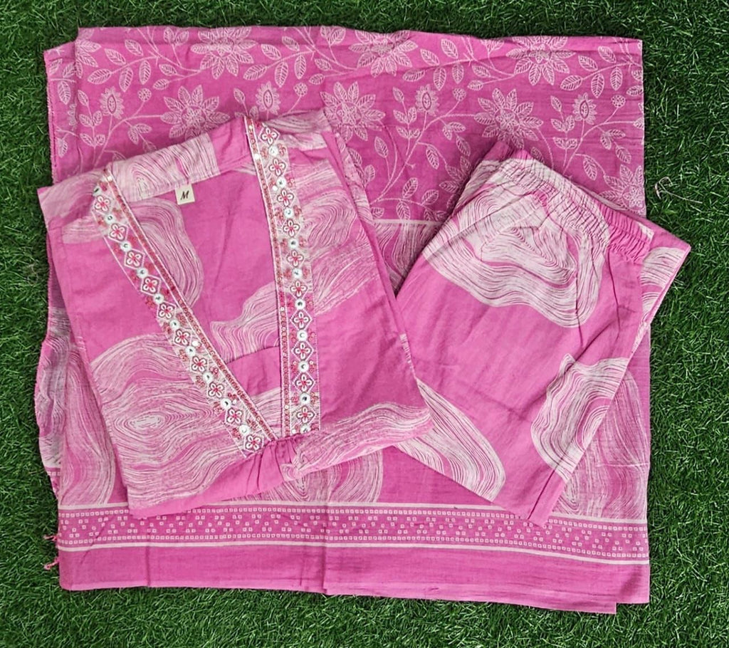 Pink Floral Printed Cotton Kurta Set with Dupatta
