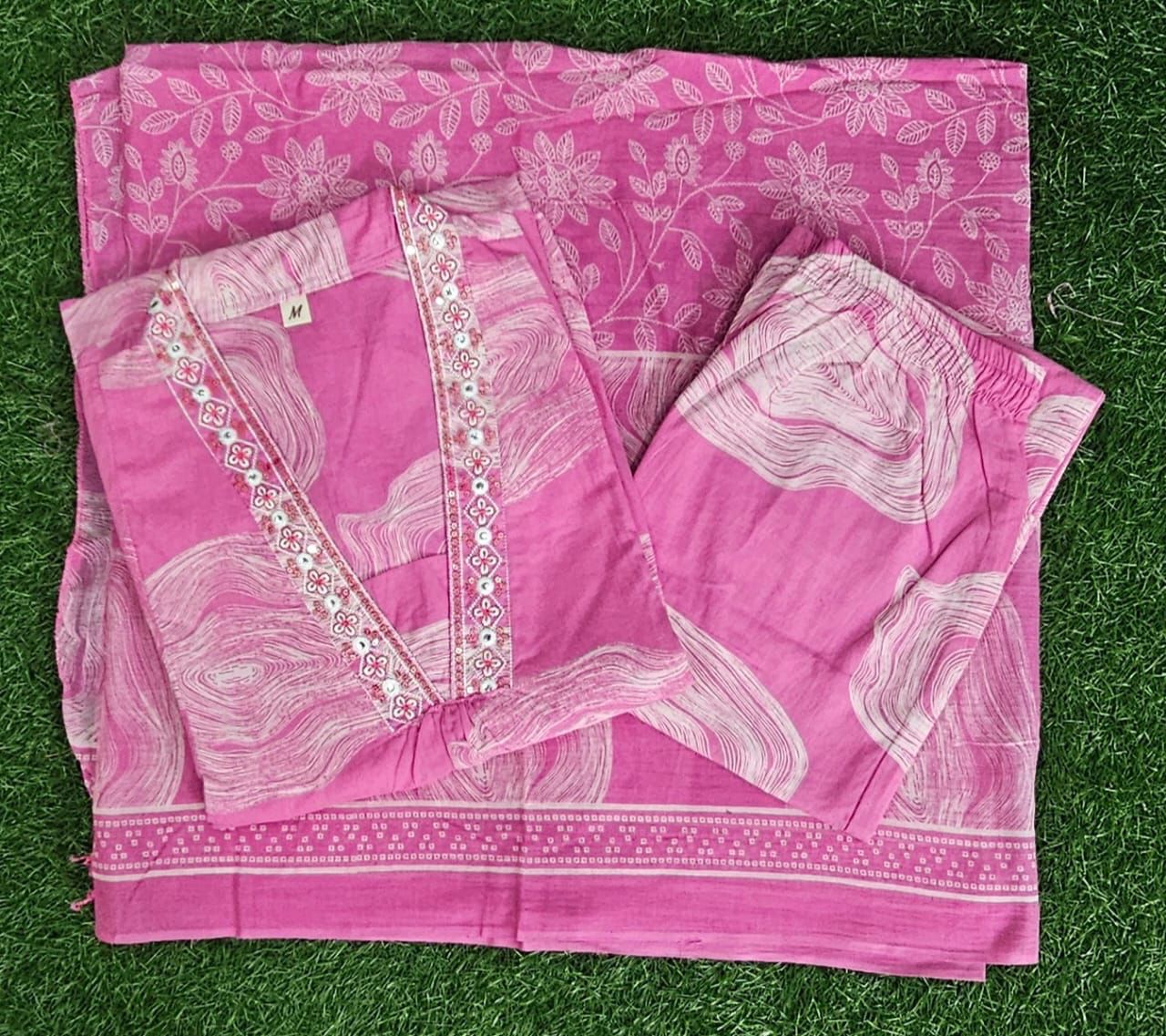 Pink Floral Printed Cotton Kurta Set with Dupatta