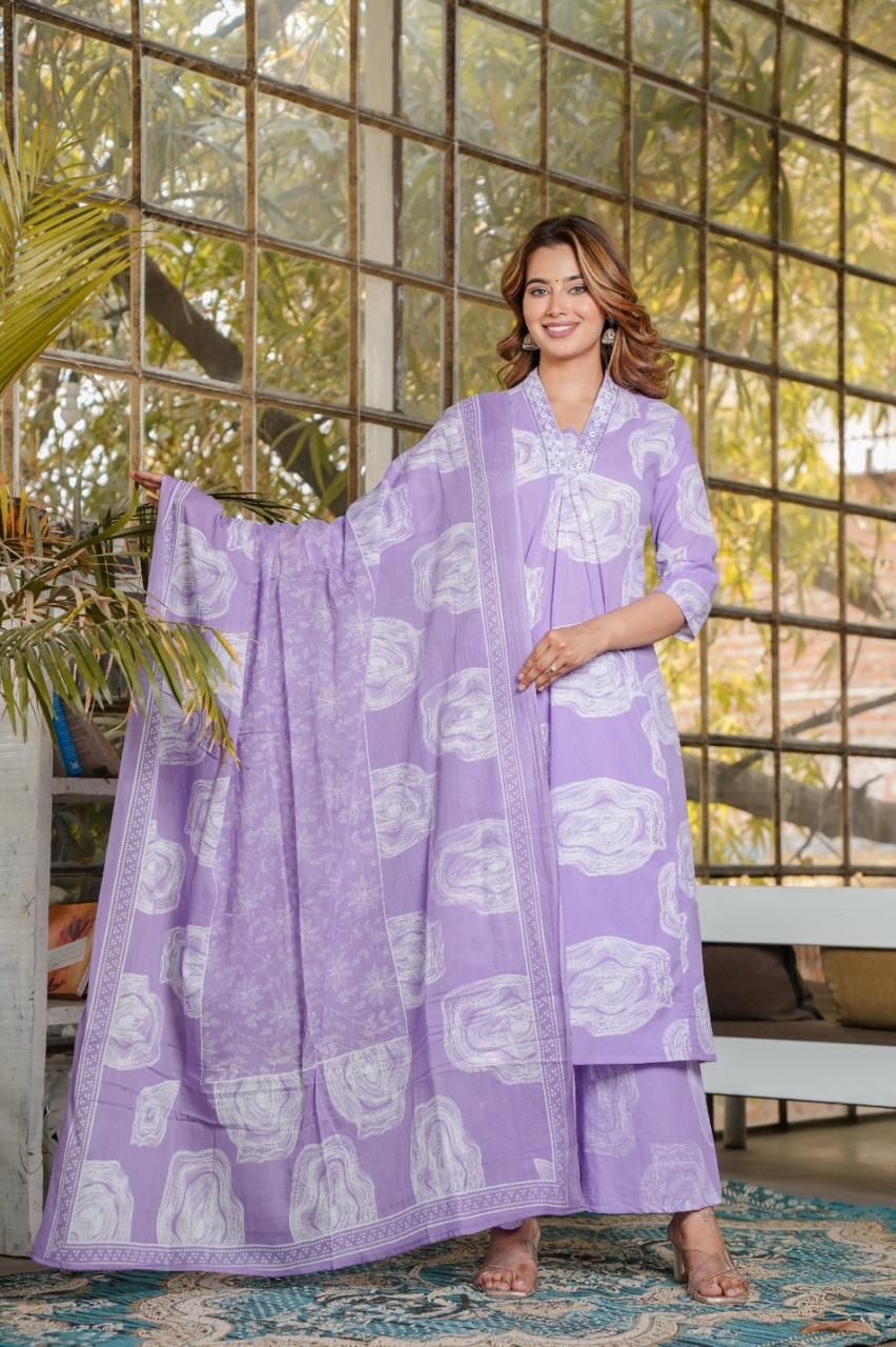 Blue Floral Printed Cotton Kurta Set with Dupatta