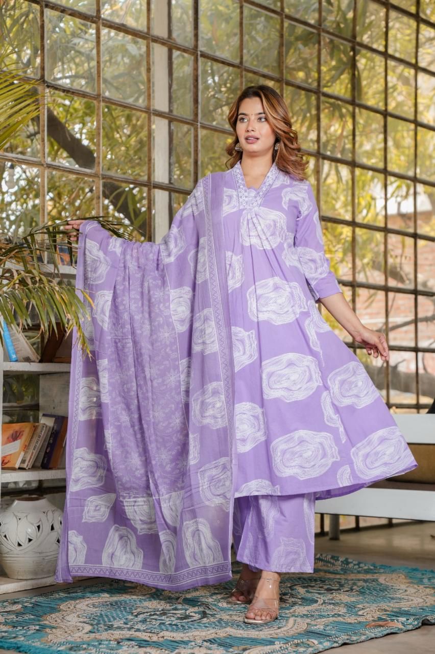 Blue Floral Printed Cotton Kurta Set with Dupatta