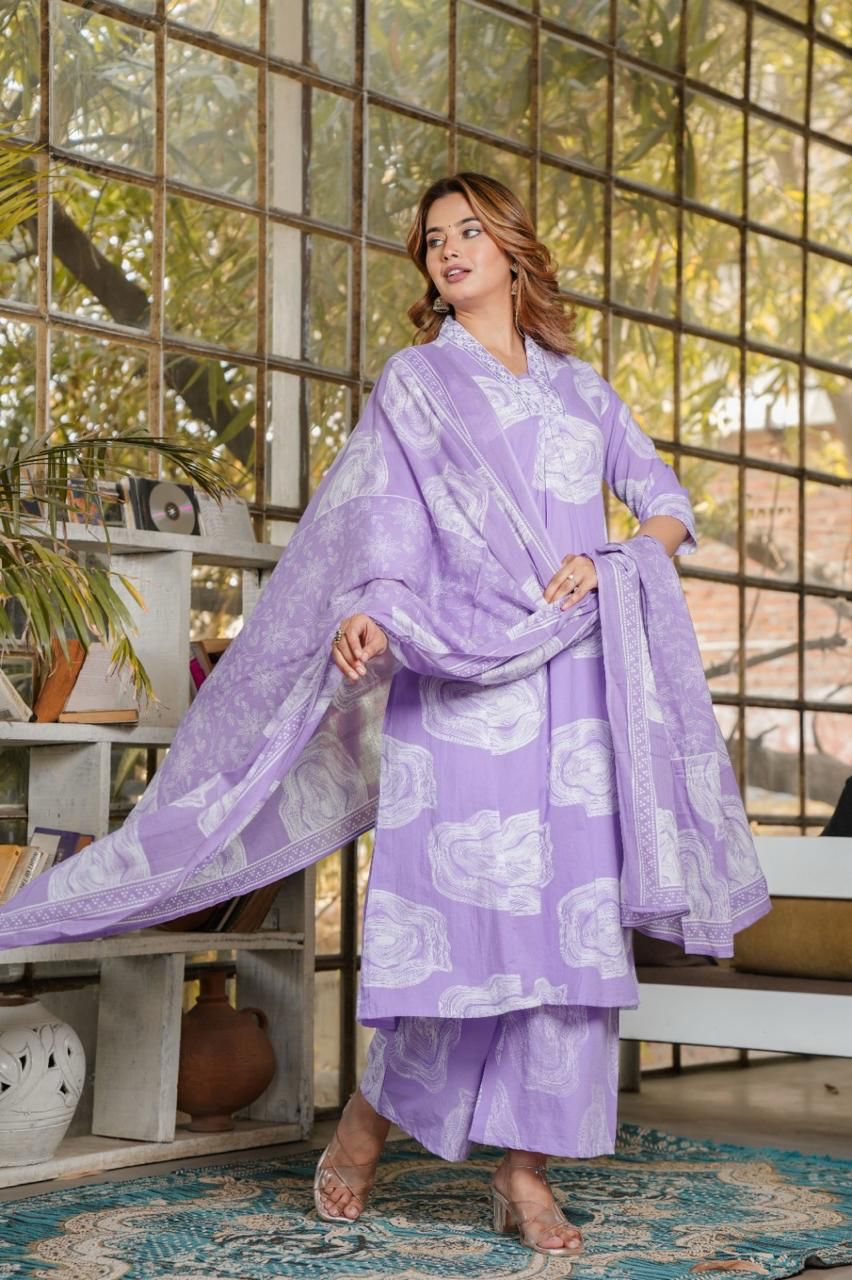 Blue Floral Printed Cotton Kurta Set with Dupatta