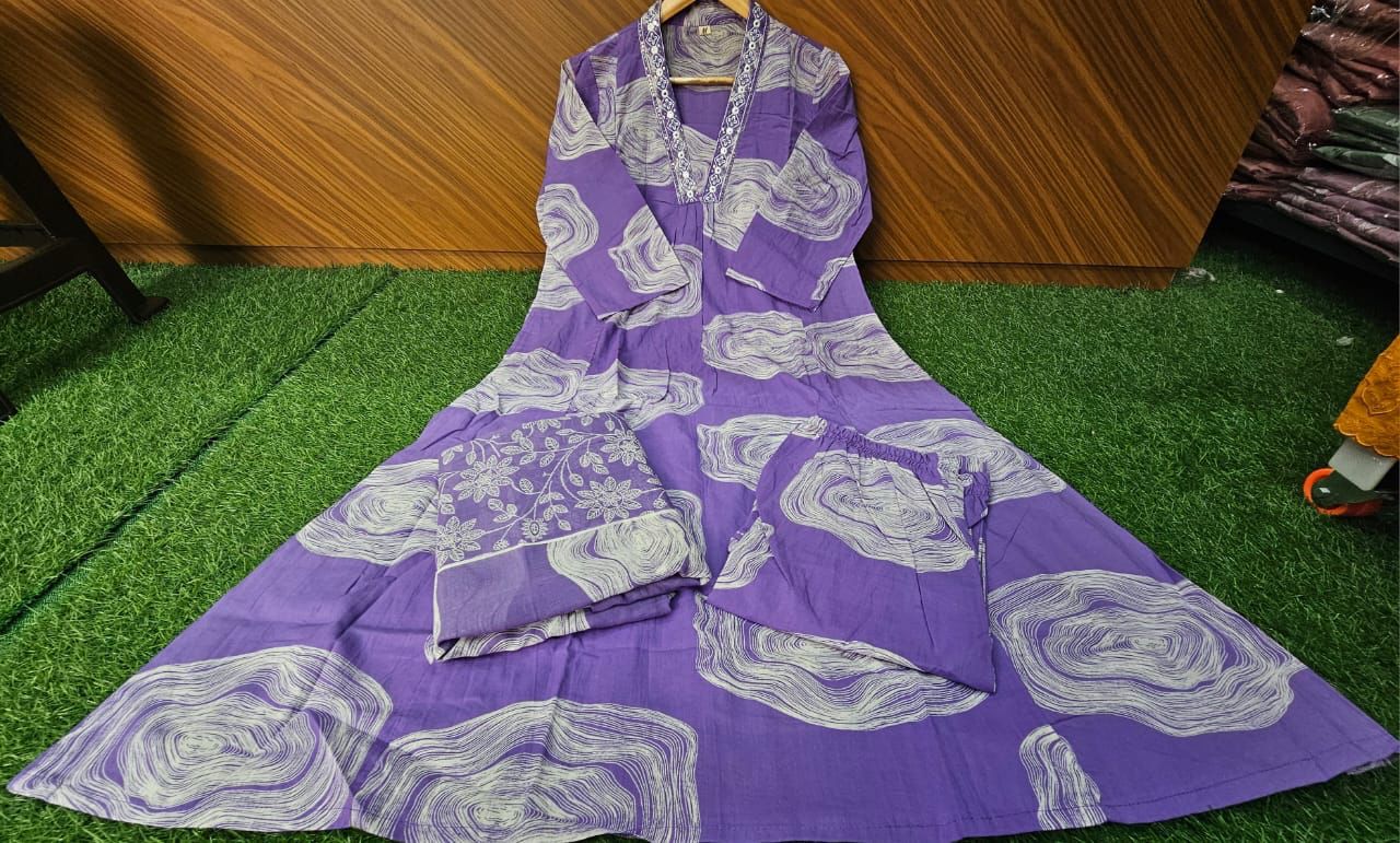 Blue Floral Printed Cotton Kurta Set with Dupatta