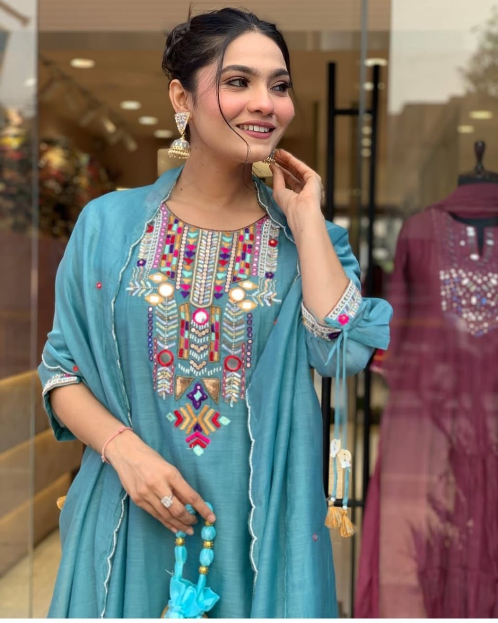 Teal Blue Embroidered Kurta Set with Dupatta