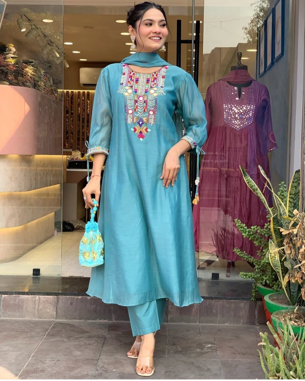 Teal Blue Embroidered Kurta Set with Dupatta