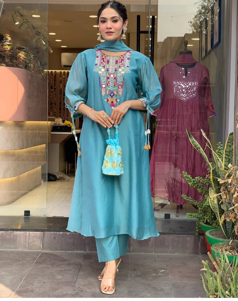 Teal Blue Embroidered Kurta Set with Dupatta