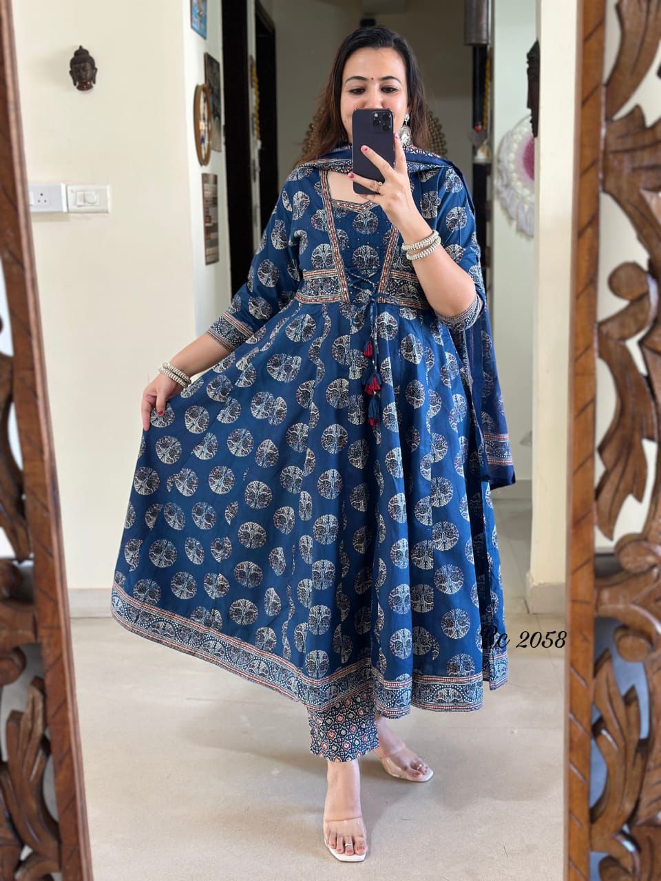 Navy Blue Anarkali Kurta Set with Printed Dupatta