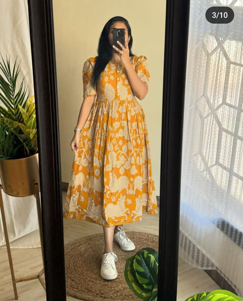 "Women Mustard Yellow Cotton Block Print Puff Sleeve Smocked Midi Dress"