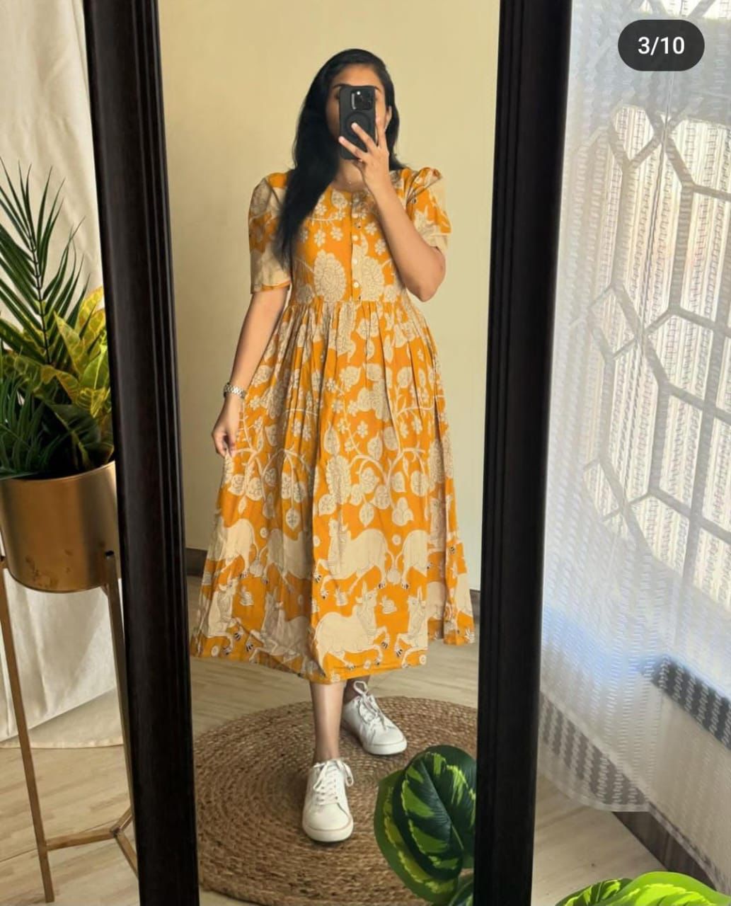 "Women Mustard Yellow Cotton Block Print Puff Sleeve Smocked Midi Dress"
