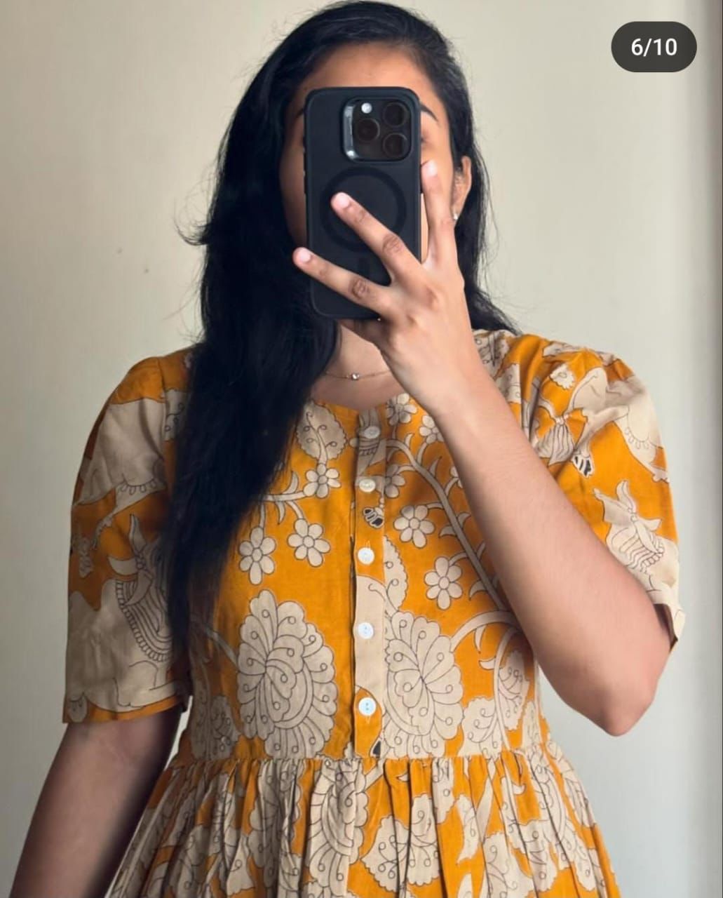 "Women Mustard Yellow Cotton Block Print Puff Sleeve Smocked Midi Dress"