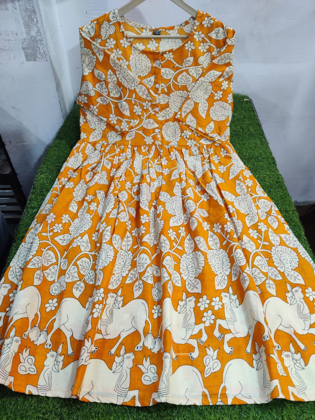 "Women Mustard Yellow Cotton Block Print Puff Sleeve Smocked Midi Dress"