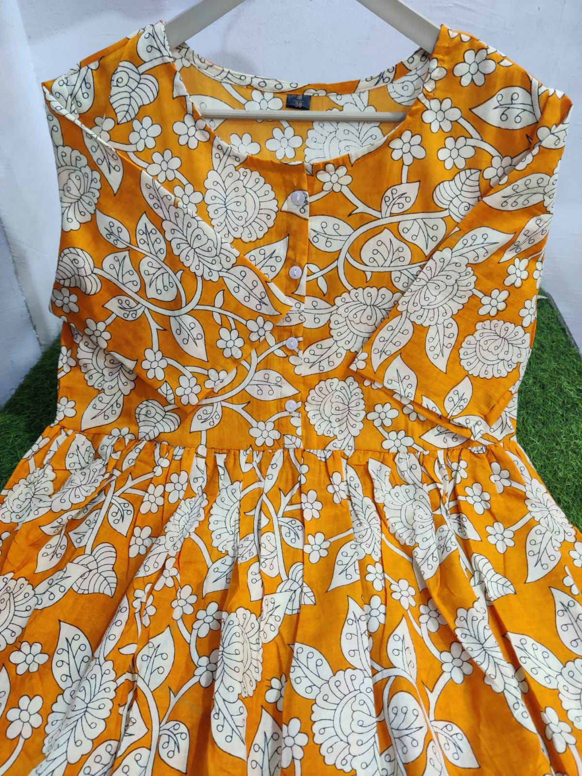 "Women Mustard Yellow Cotton Block Print Puff Sleeve Smocked Midi Dress"