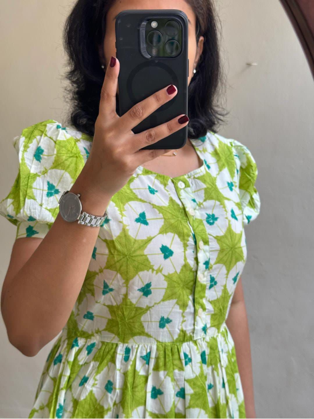 Women Green & White Floral Print Puff Sleeve Cotton Midi Dress