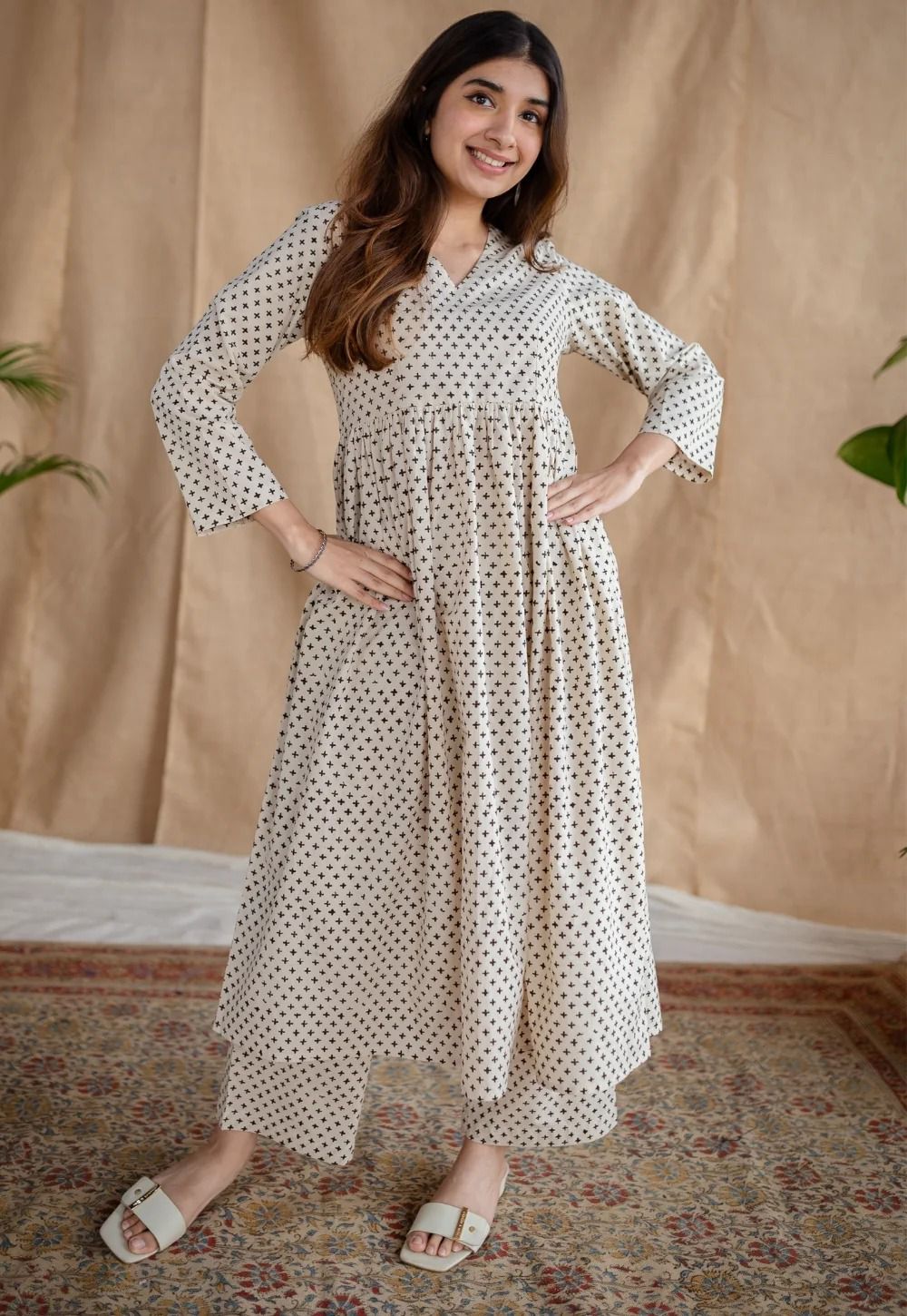 Women Beige & Black Polka Print Flared Cotton Maxi Dress