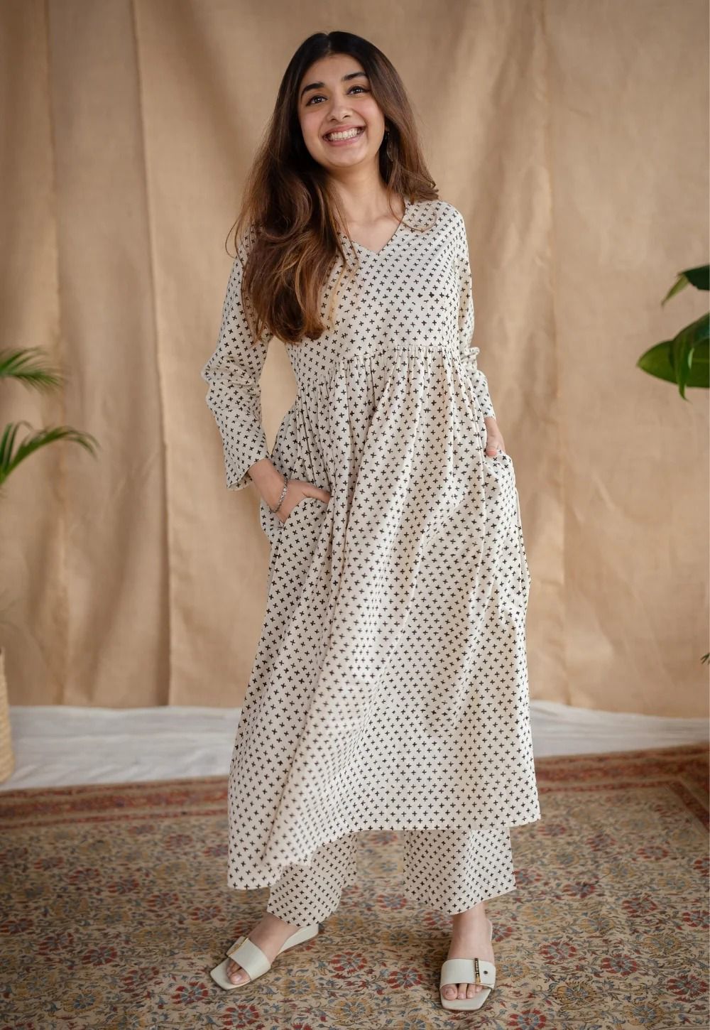 Women Beige & Black Polka Print Flared Cotton Maxi Dress