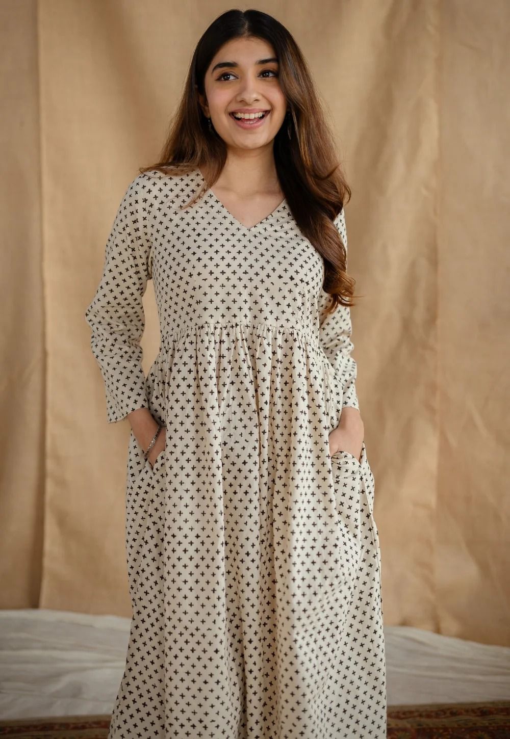 Women Beige & Black Polka Print Flared Cotton Maxi Dress