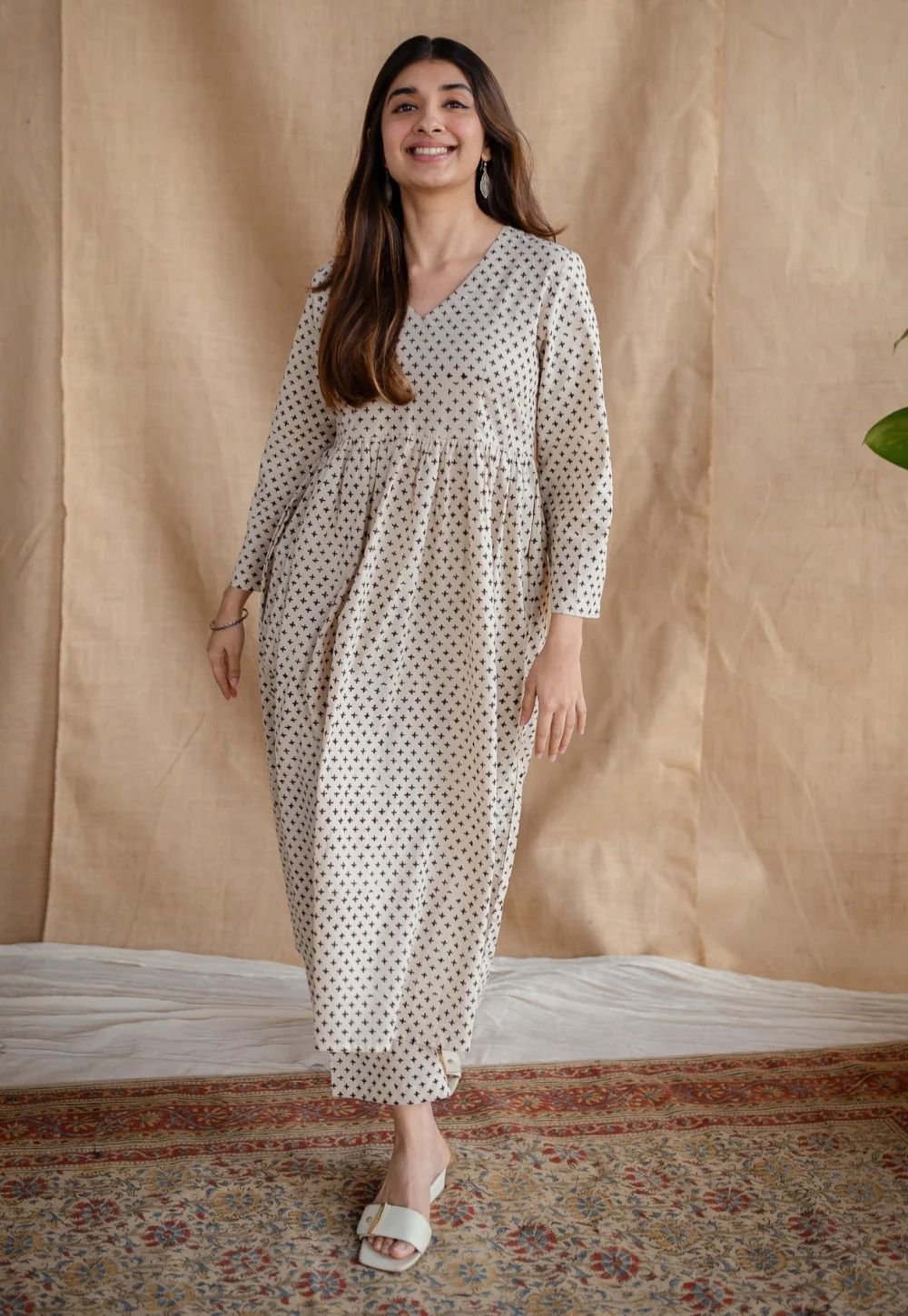 Women Beige & Black Polka Print Flared Cotton Maxi Dress