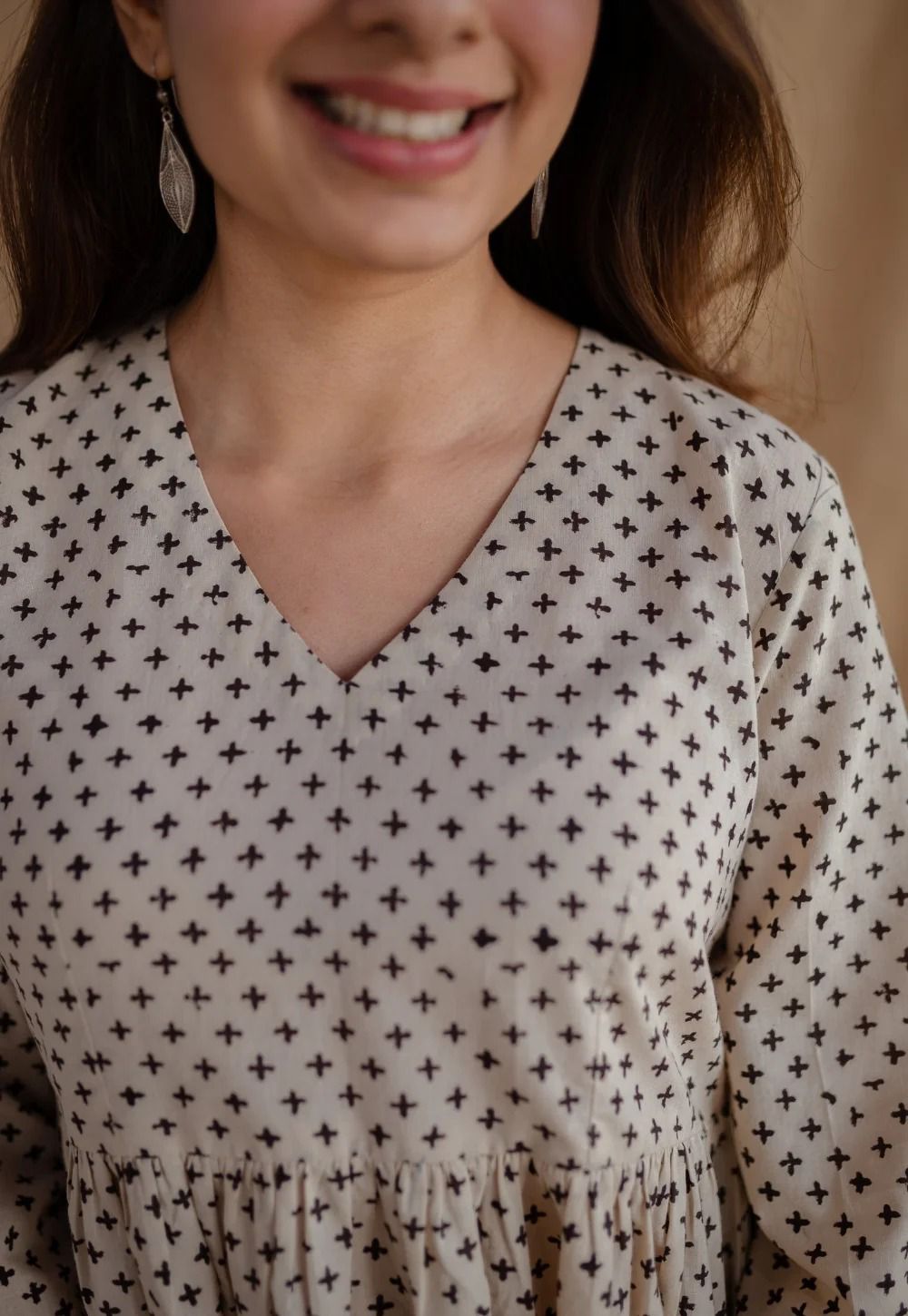 Women Beige & Black Polka Print Flared Cotton Maxi Dress