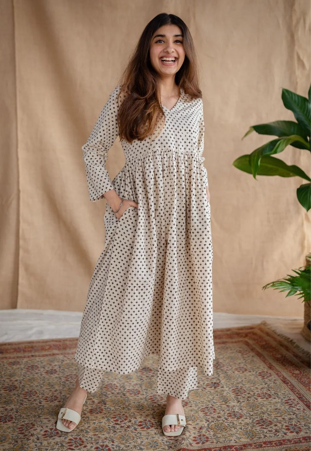 Women Beige & Black Polka Print Flared Cotton Maxi Dress