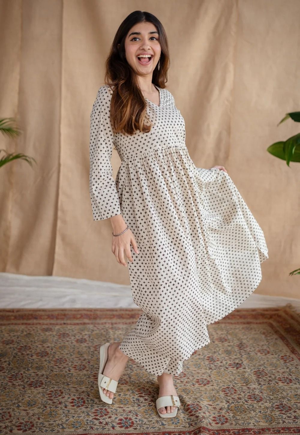 Women Beige & Black Polka Print Flared Cotton Maxi Dress