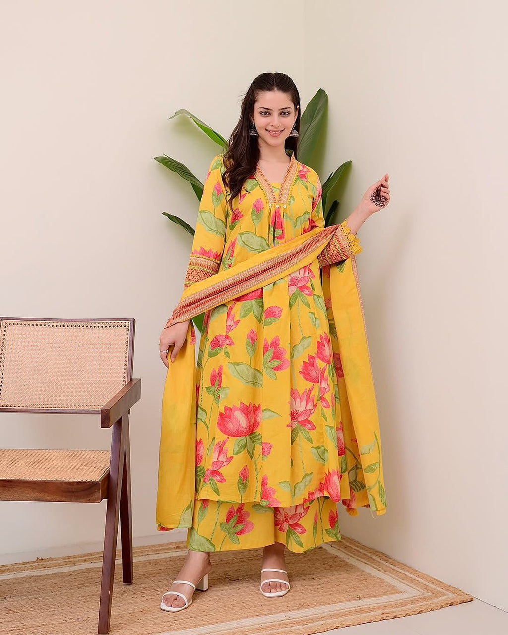 Women Yellow Floral Printed Cotton 3-Piece Suit Set with Dupatta