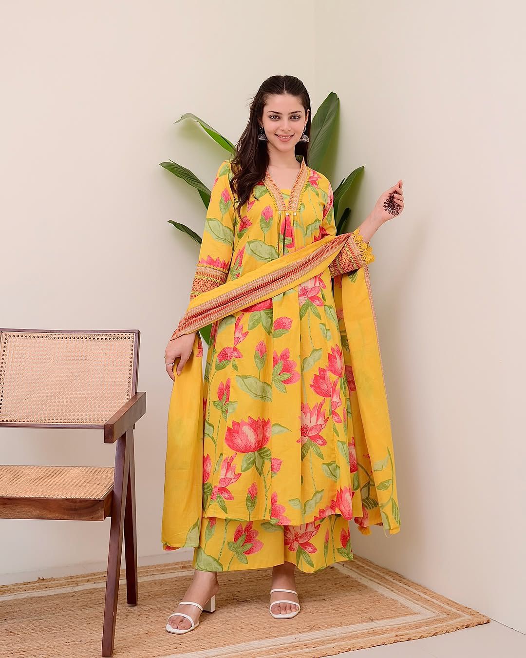 Women Yellow Floral Printed Cotton 3-Piece Suit Set with Dupatta