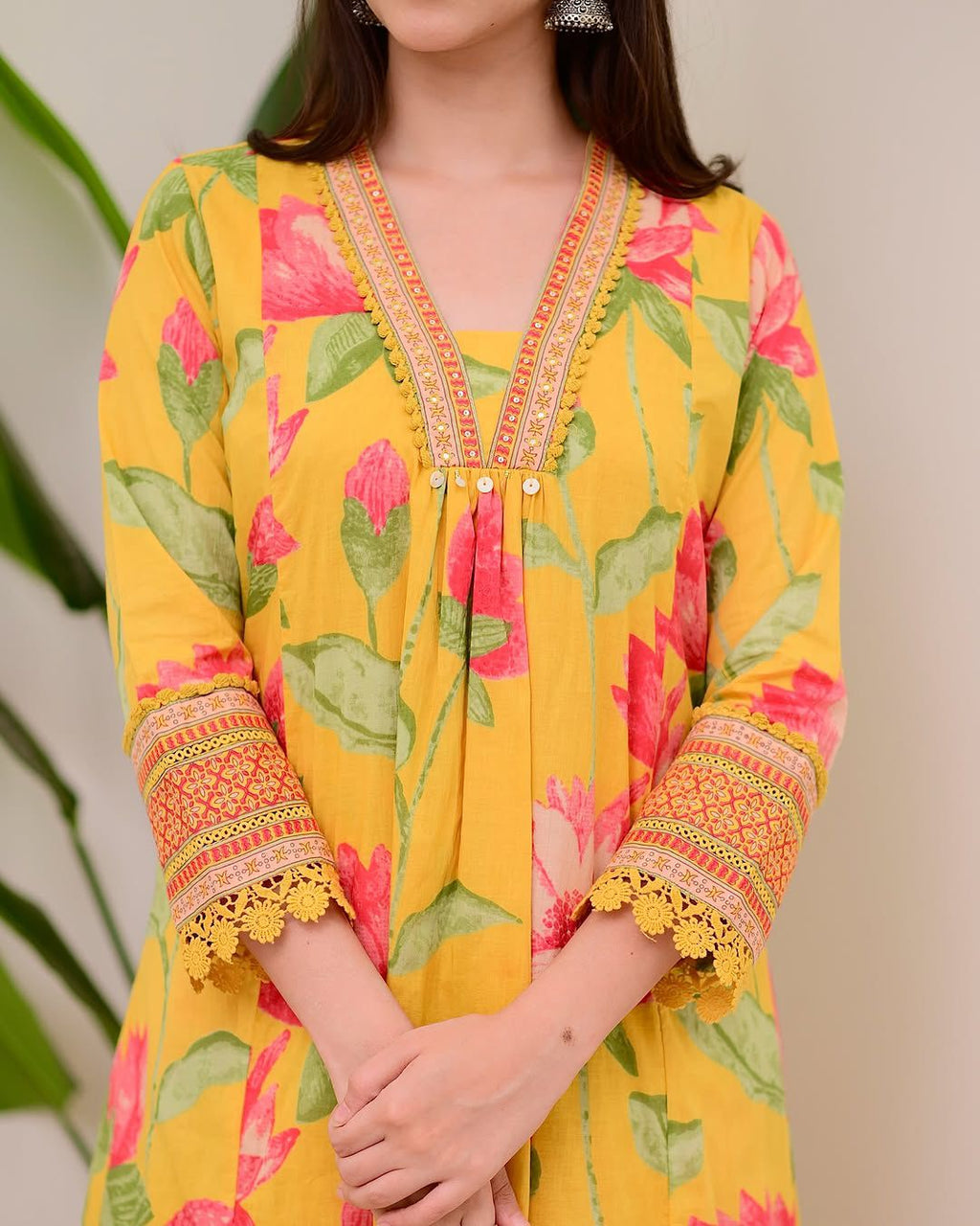 Women Yellow Floral Printed Cotton 3-Piece Suit Set with Dupatta