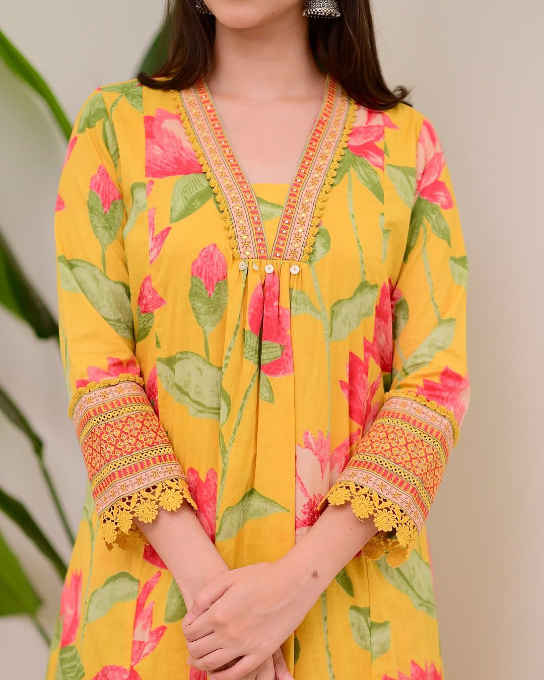 Women Yellow Floral Printed Cotton 3-Piece Suit Set with Dupatta