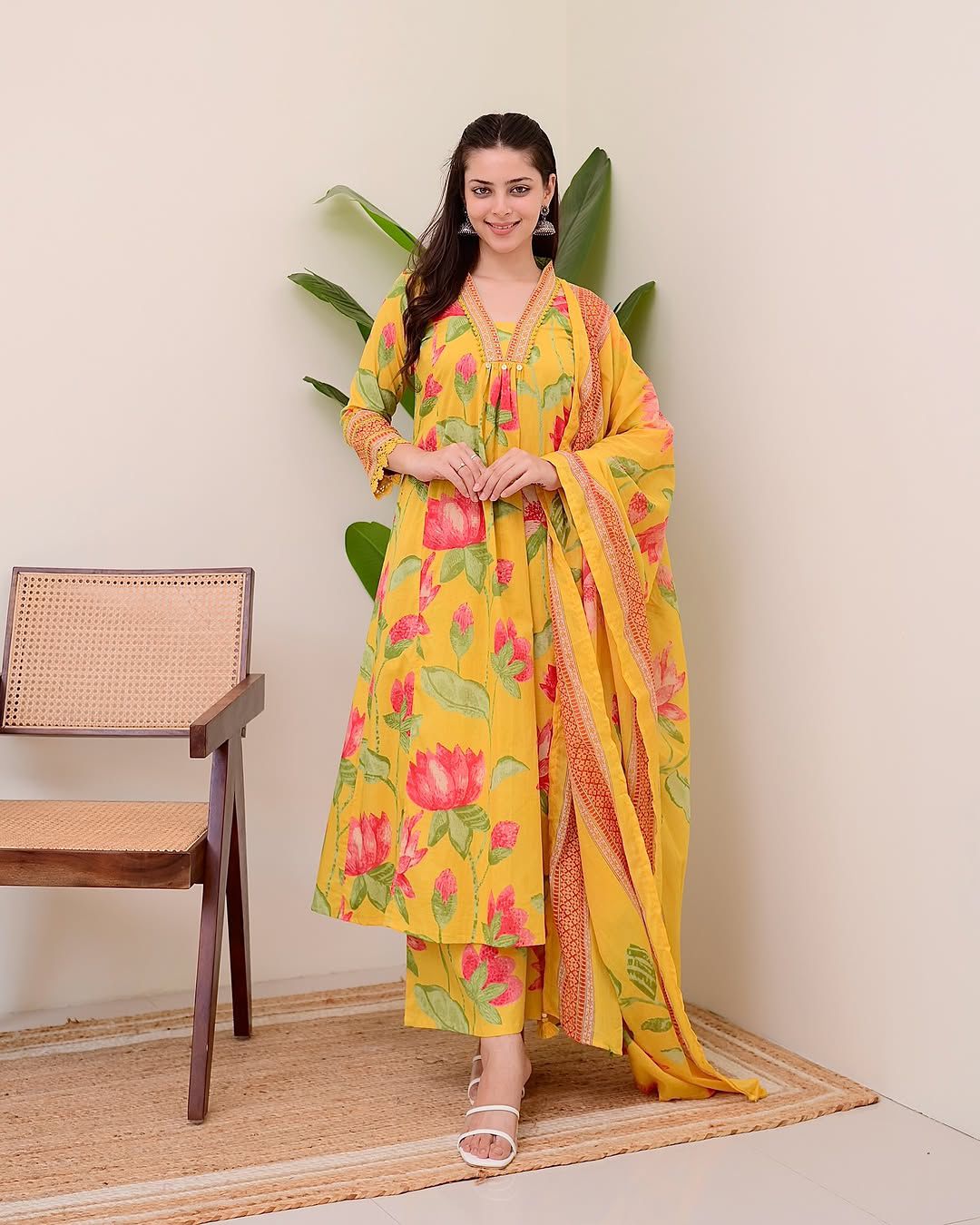 Women Yellow Floral Printed Cotton 3-Piece Suit Set with Dupatta