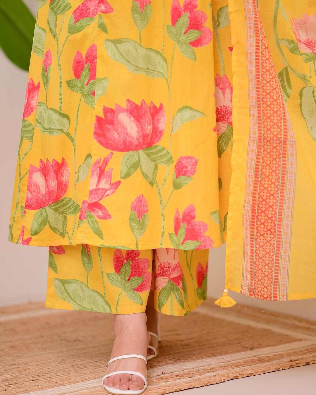 Women Yellow Floral Printed Cotton 3-Piece Suit Set with Dupatta