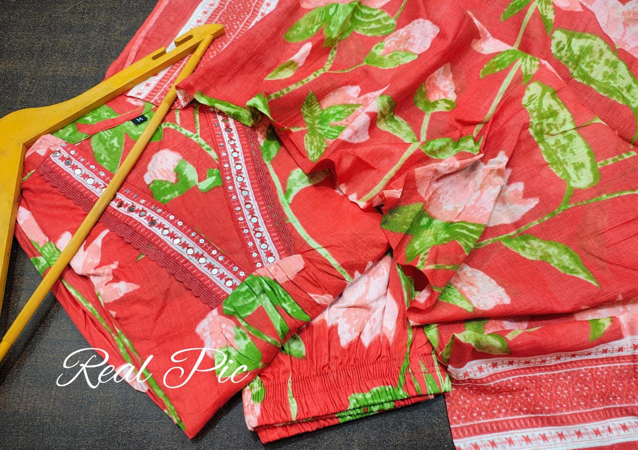 Women Pink Floral Printed Cotton 3-Piece Suit Set with Dupatta