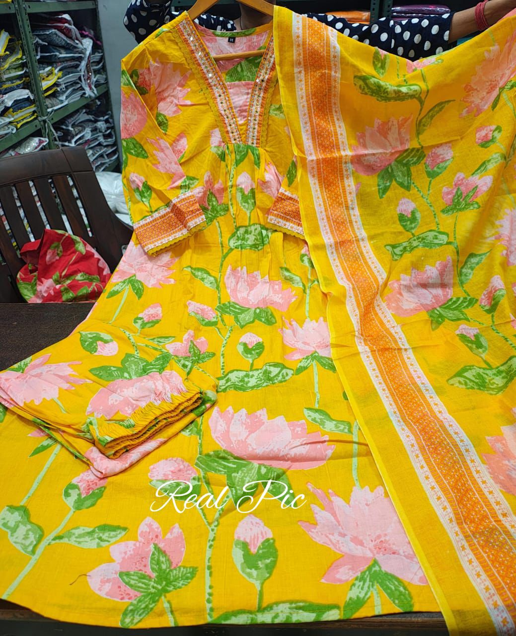 Women Yellow Floral Printed Cotton 3-Piece Suit Set with Dupatta