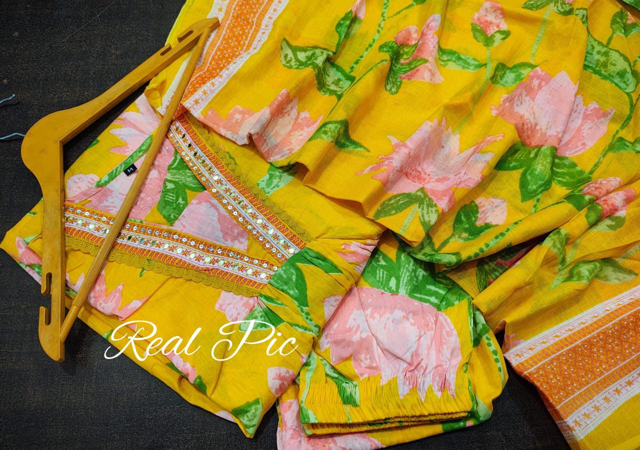 Women Yellow Floral Printed Cotton 3-Piece Suit Set with Dupatta