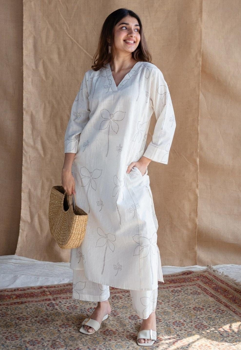 Ivory Minimalist Floral Kurta and Trouser Set