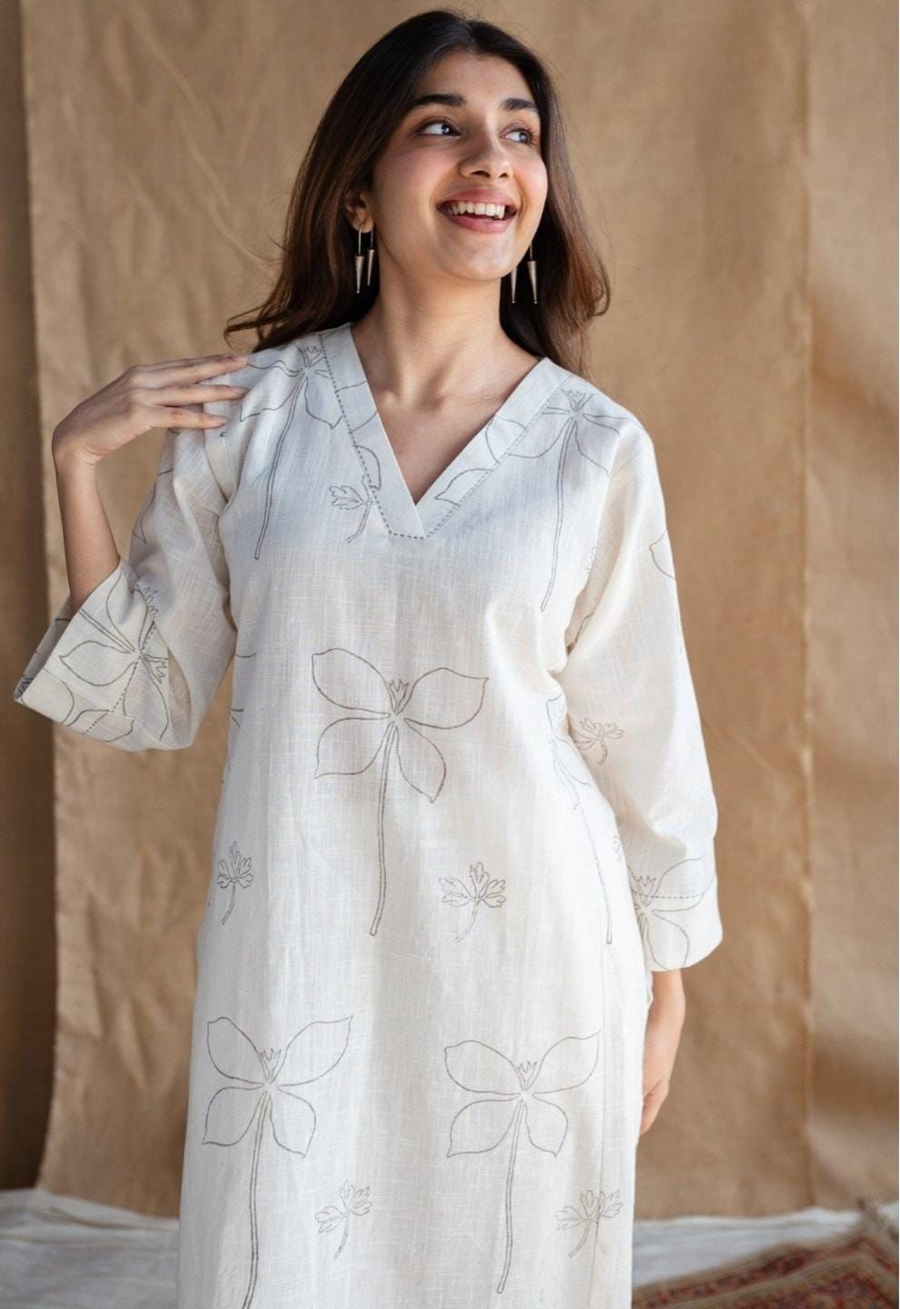 Ivory Minimalist Floral Kurta and Trouser Set