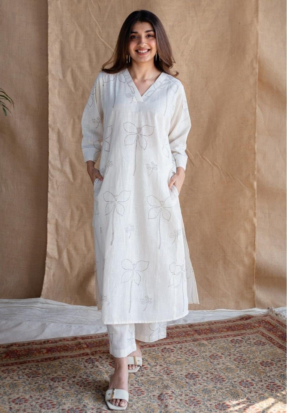 Ivory Minimalist Floral Kurta and Trouser Set