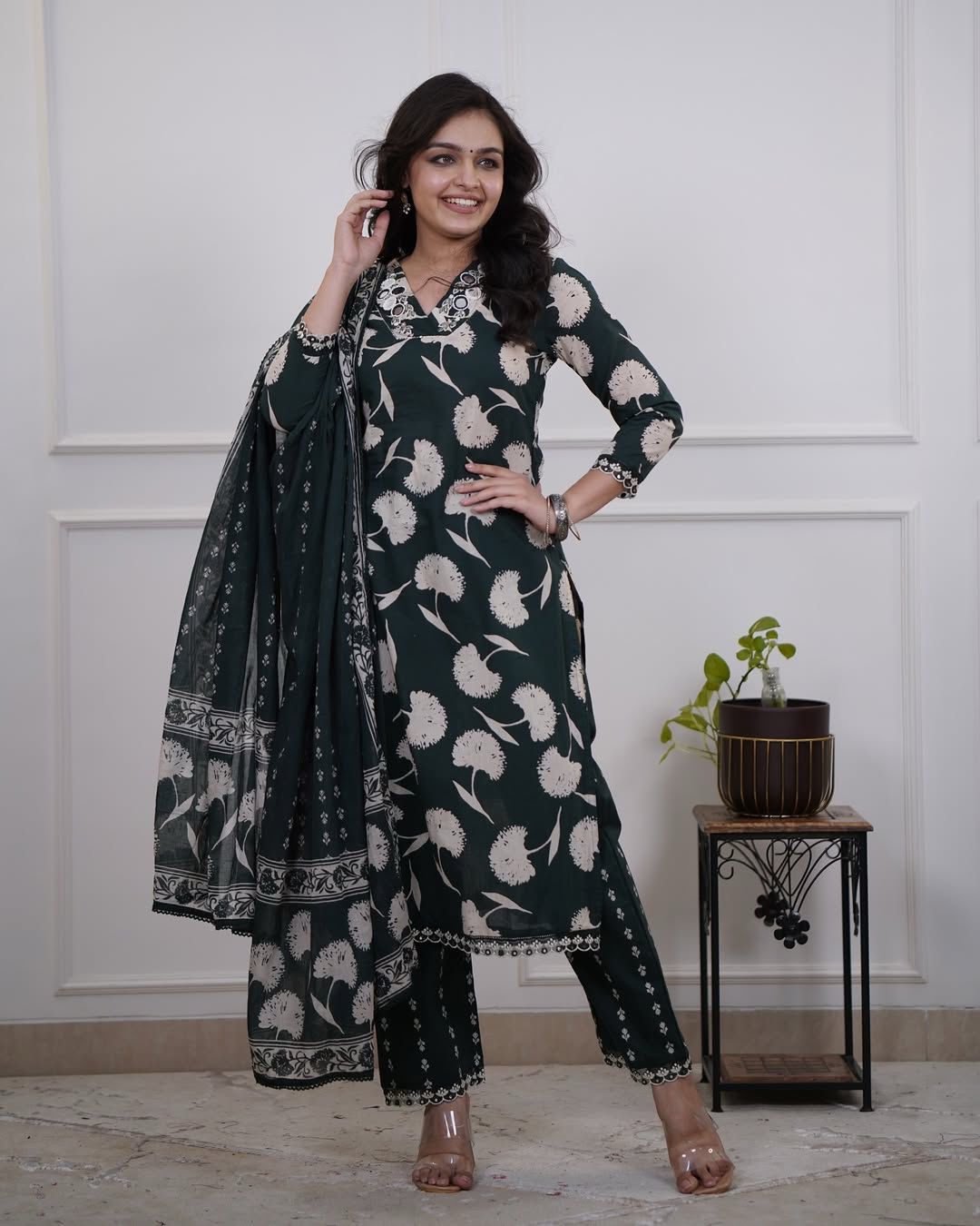 Product 1: Dark Green & White Floral Print Kurta Set
