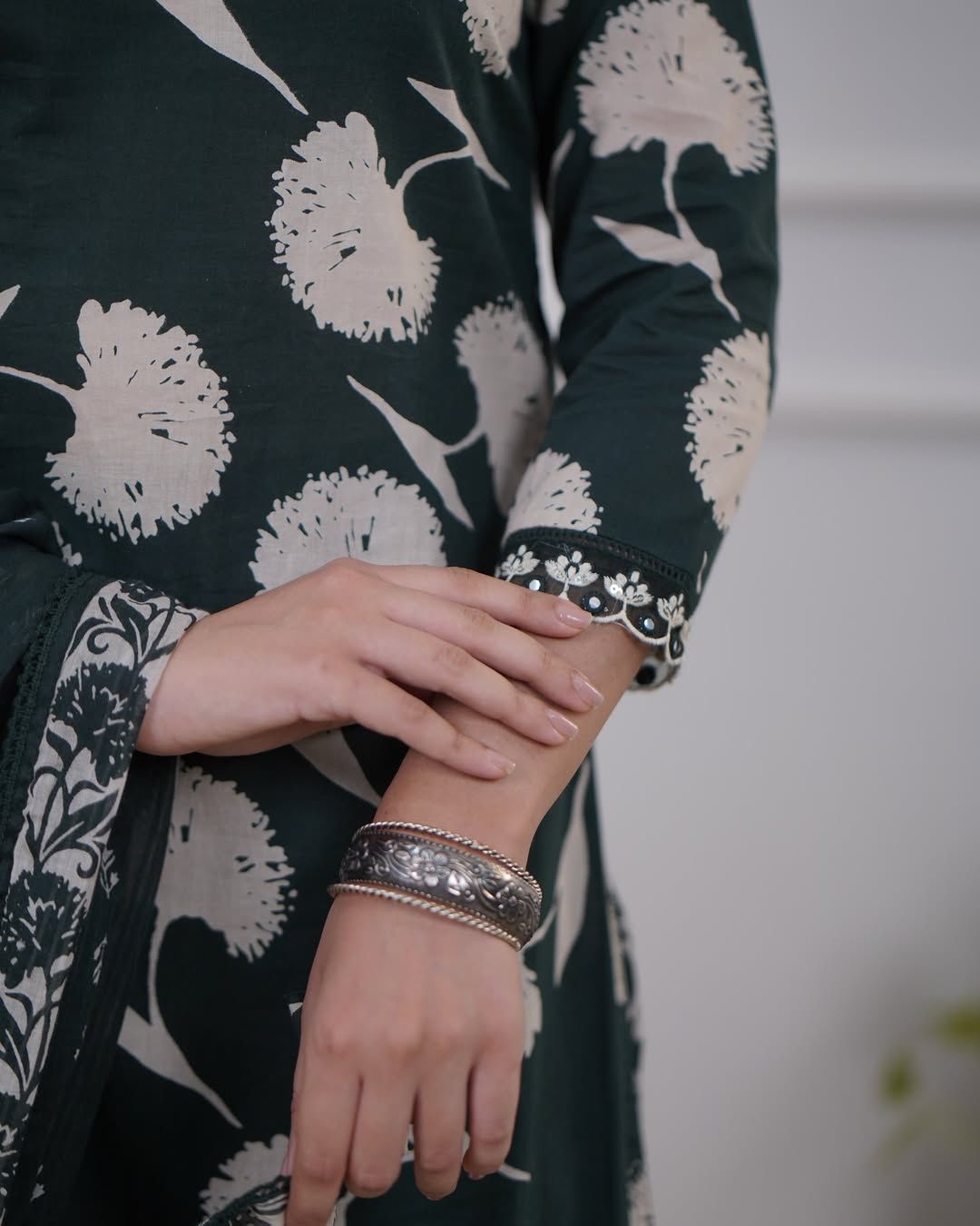 Product 1: Dark Green & White Floral Print Kurta Set