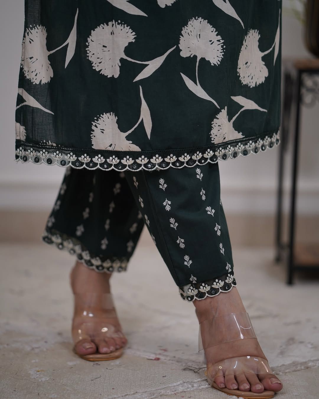 Product 1: Dark Green & White Floral Print Kurta Set