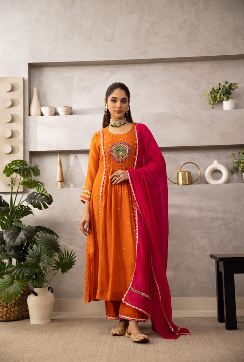 Vibrant Orange Anarkali Suit with Peacock Embroidery