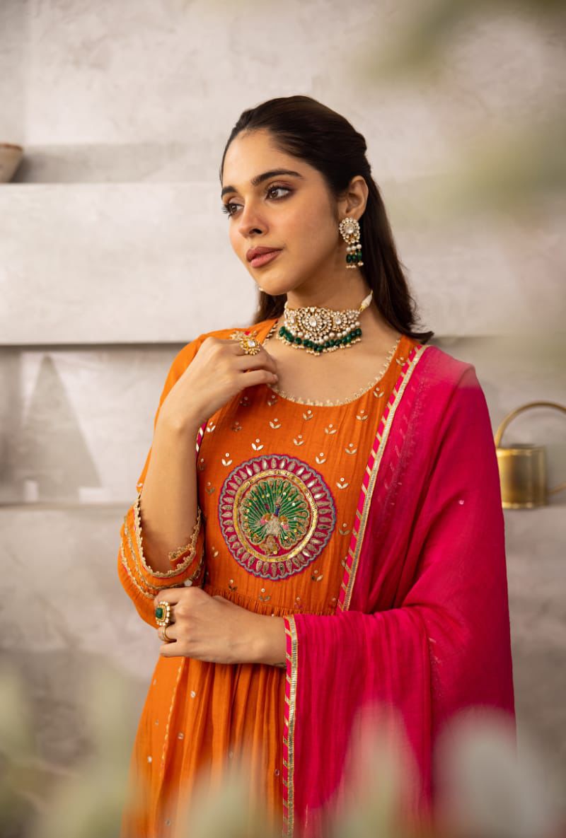Vibrant Orange Anarkali Suit with Peacock Embroidery